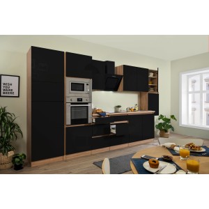 Respekta Premium Küchenzeile, 385 cm, Schwarz Hochglanz/Eiche Sägerau, mit E-Geräten.