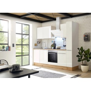Respekta Küchenzeile Marleen 250 cm in Artisan-Eiche und Weiß mit E-Geräten.