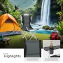 Faltbarer, grauer Tectake Campingstuhl mit Getränkehalter vor Zelt und Wasserfall.