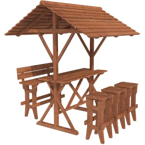 Palmako Gartenmöbel-Set Leo: Bierzeltgarnitur aus braunem, kesseldruckimprägniertem Fichtenholz mit Dach, Bank und Hockern.