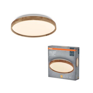 Runde Osram LED-Deckenleuchte Orbis Alison mit hellem Holzring und weißer Lichtfläche. Modernes Design für Wohnräume.