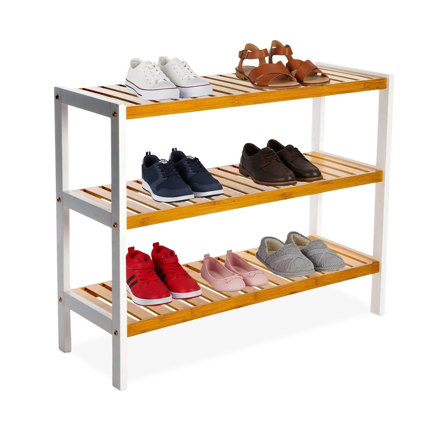 Relaxdays Schuhregal Bambus Natur Weiß 3 Ablagen 55 cm x 70 cm x 26 cm 2,2 kg