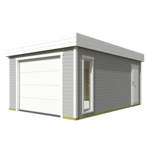 Moderne, lichtgraue Lasita Garage Bahamas 2 mit Sektionaltor, Fenster und Seitentür.