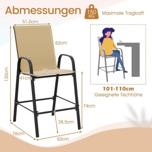 Costway 2er Set Barhocker Outdoor mit Armlehnen & Fußstütze 74 cm