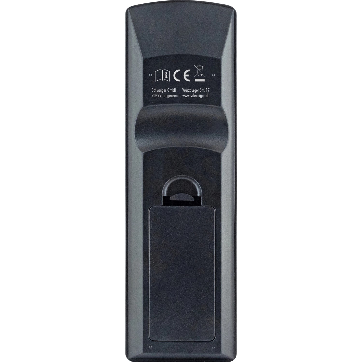 Rückseite der schwarzen Schwaiger Receiver Fernbedienung für DVB-C, Batteriefach sichtbar.