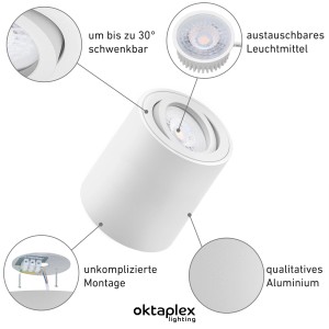 Oktaplex Aufbauspot Lile M 3er Set, weißer Deckenstrahler aus Aluminium mit GU10 Fassung.