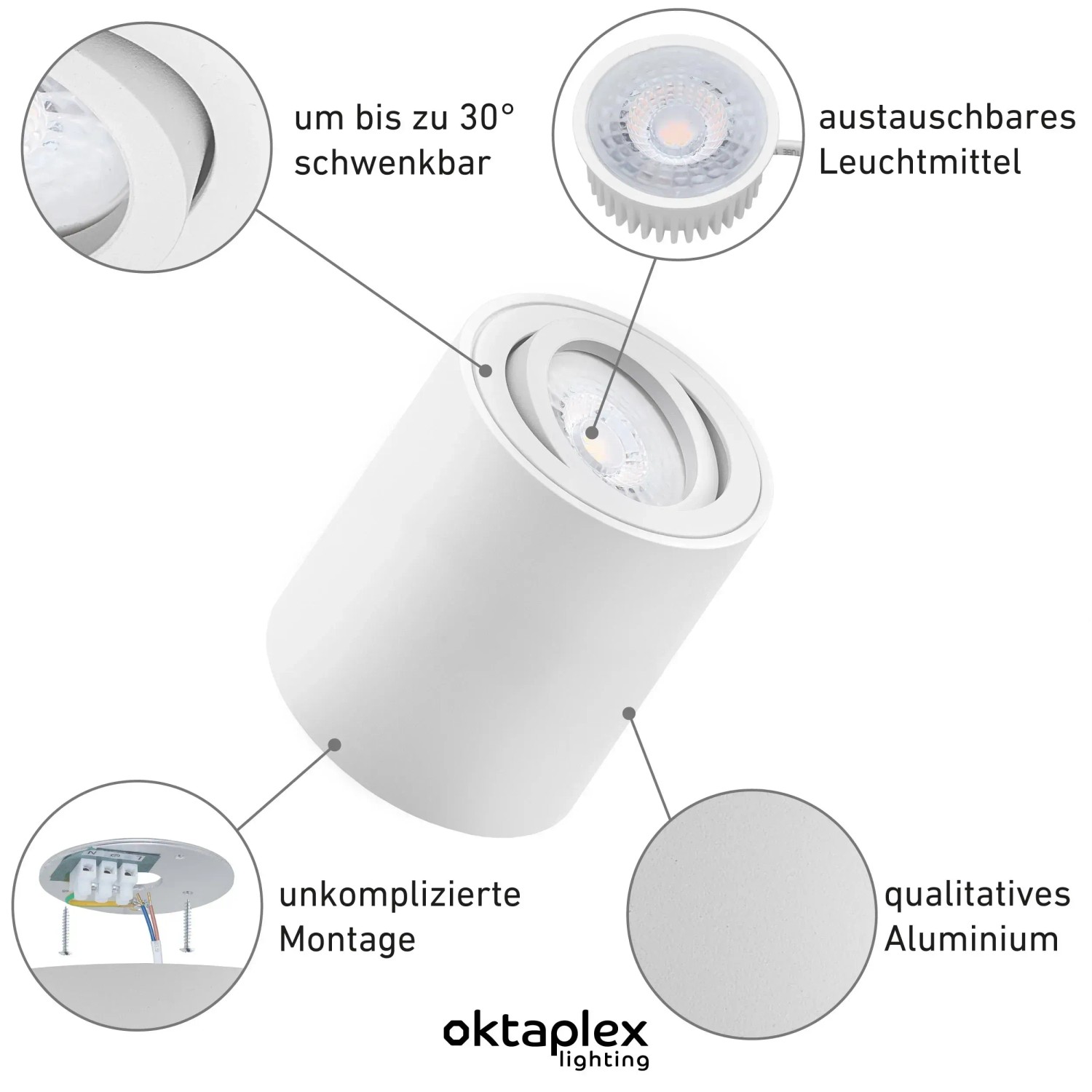 Oktaplex Aufbauspot Lile M 3er Set, weißer Deckenstrahler aus Aluminium mit GU10 Fassung.