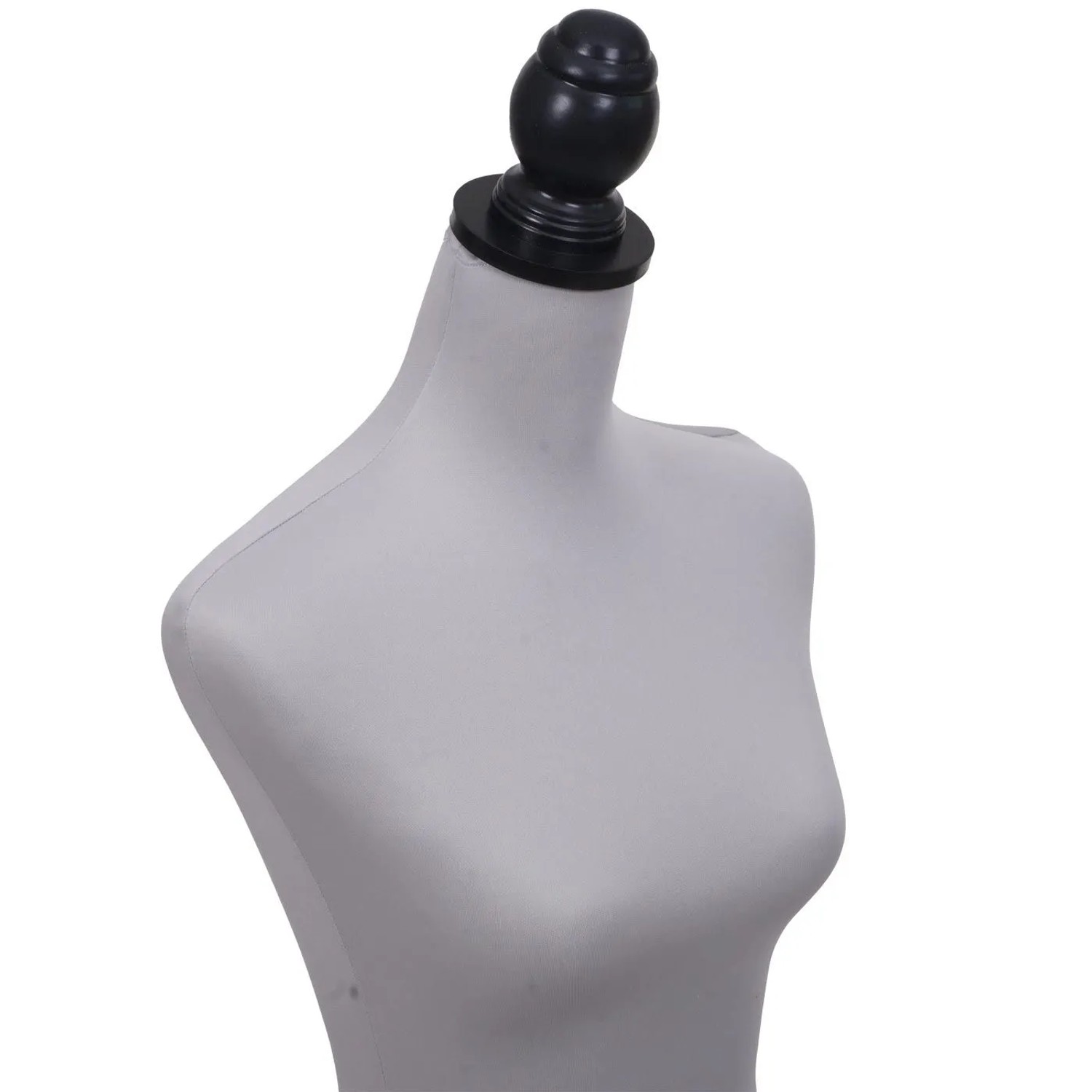 Graue weibliche Schneiderpuppe mit abnehmbarem Bezug und schwarzem Holzknauf am Hals. Torso.