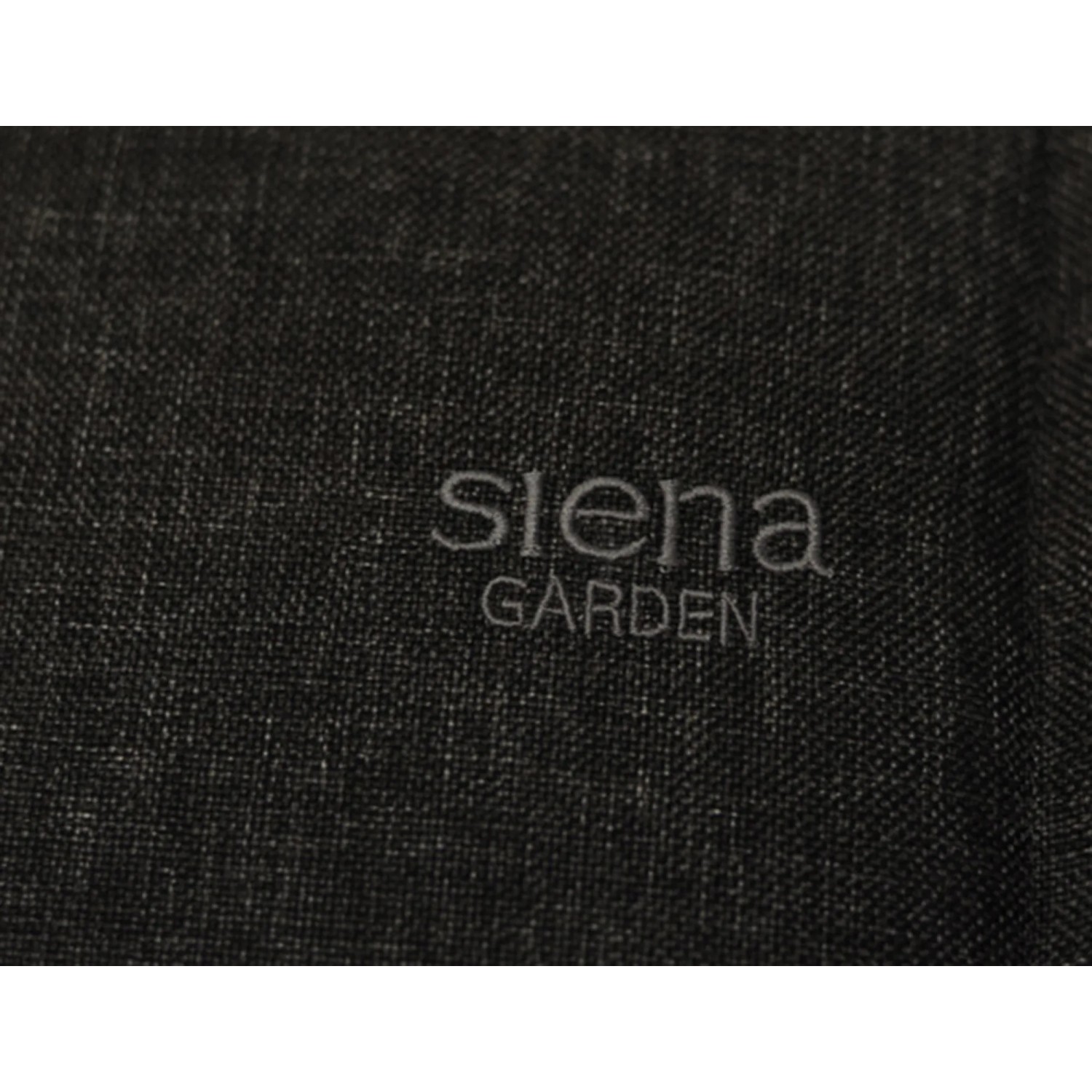 Detailaufnahme der anthrazitfarbenen Siena Garden Auflage Stella, Textur und Logo sichtbar.