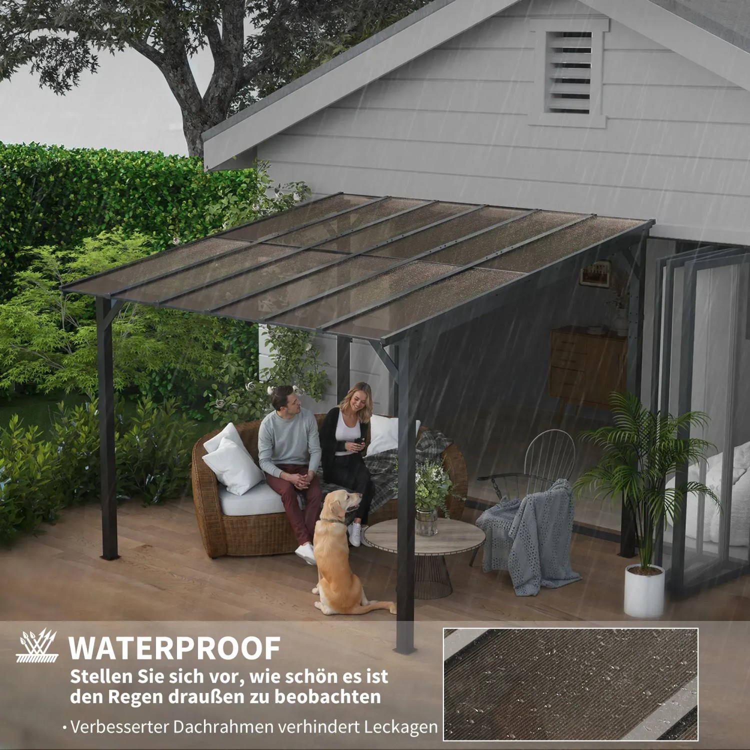 Dunkelgraue Outsunny Pergola mit wasserdichtem Dach im Garten mit sitzenden Personen und Hund.
