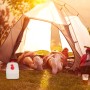 Weißer Relaxdays Wasserkanister (25 l) mit rotem Hahn vor Campingzelt.