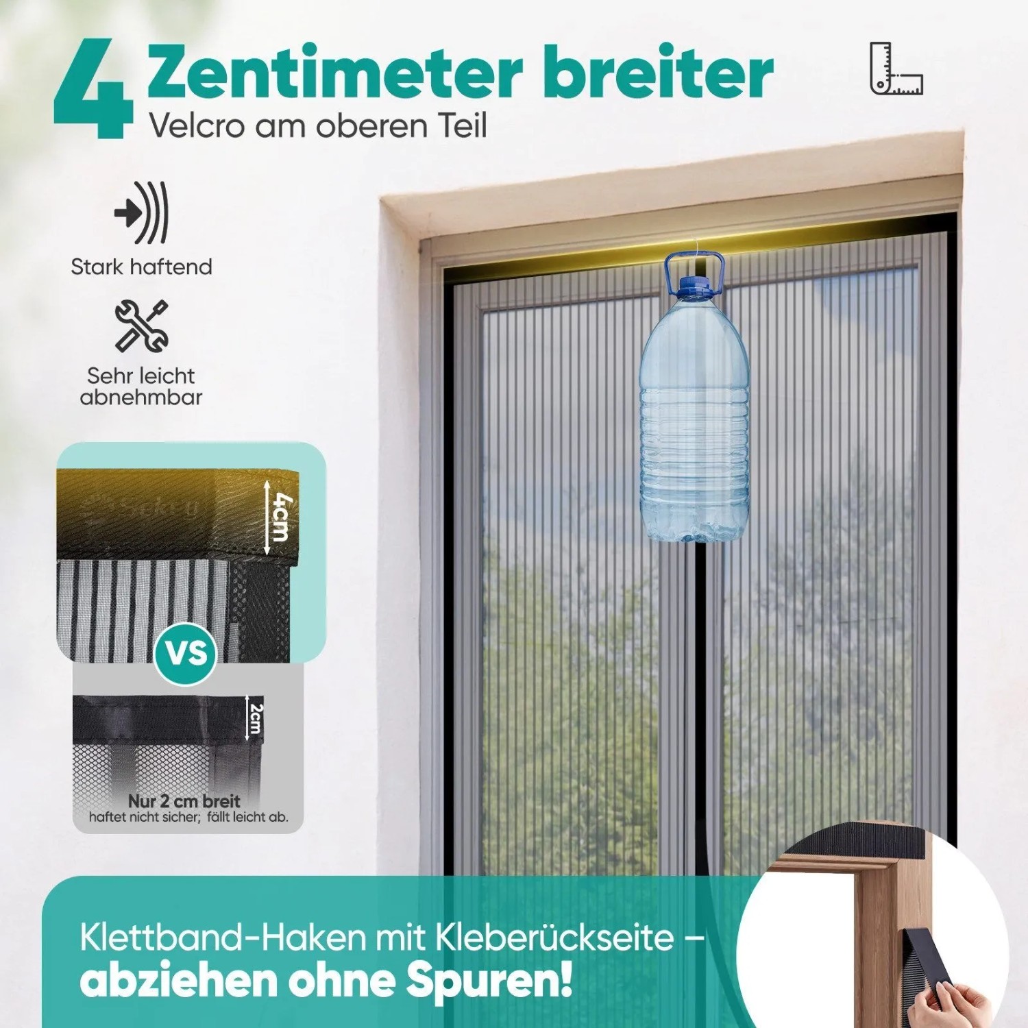 Schwarzer Insektenschutz-Türvorhang mit 4 cm breitem Klettverschluss, der eine Wasserflasche hält. Stark haftend, spurlos abziehbar.