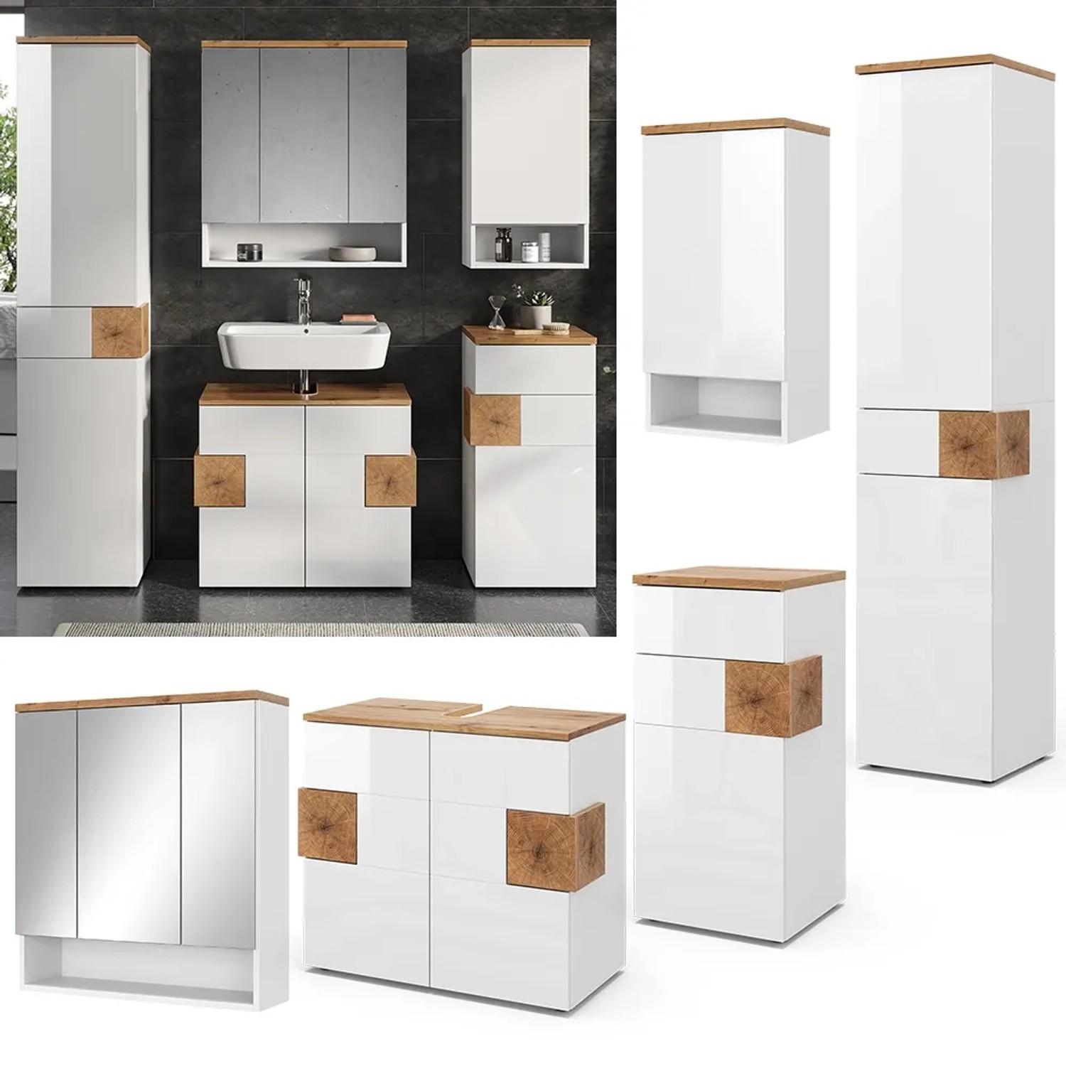 Vicco Badmöbel-Set Eden, 5-teilig, Weiß Hochglanz/Artisan-Eiche, mit Spiegelschrank, Waschbeckenunterschrank und Hochschränken.