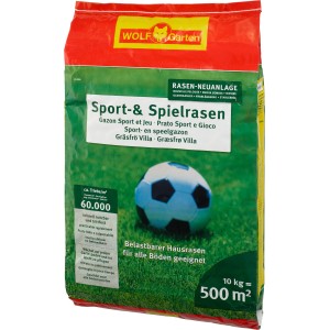 Wolf-Garten Sport- und Spielrasen LG 500, 10 kg Packung mit Fußball-Motiv.