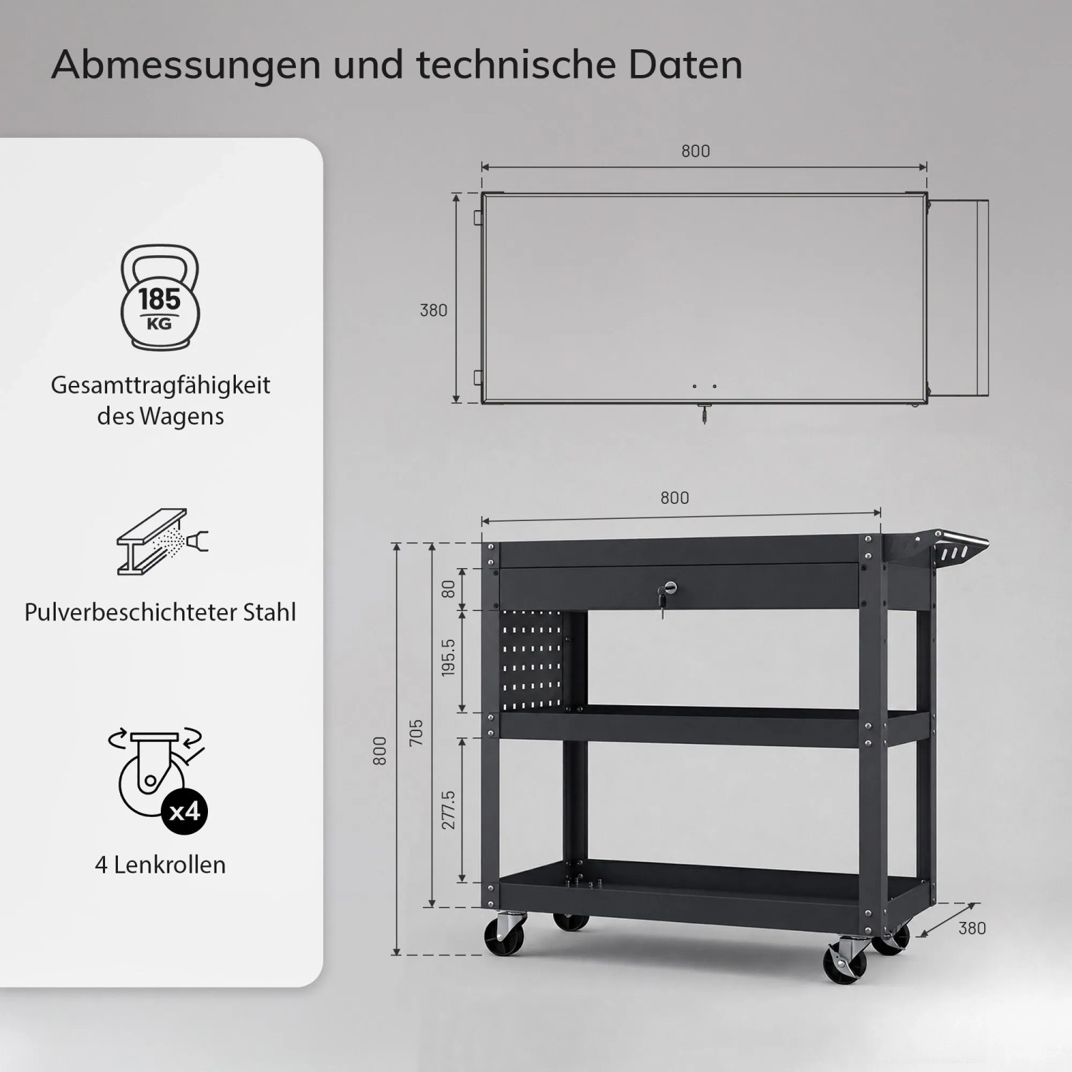 Anthrazit JAN NOWAK Werkstattwagen FRED aus pulverbeschichtetem Stahl mit 3 Ablagen, abschließbarer Schublade, Lochwand, 4 Lenkrollen. 800x800x380mm.