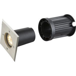 Eckiger Bodeneinbaustrahler Style II aus Edelstahl, mit schwarzem Gehäuse und Montagezubehör.