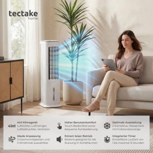 Weißer Tectake Luftkühler Alaska 4in1 mit Wassertank und Frau auf Sofa.