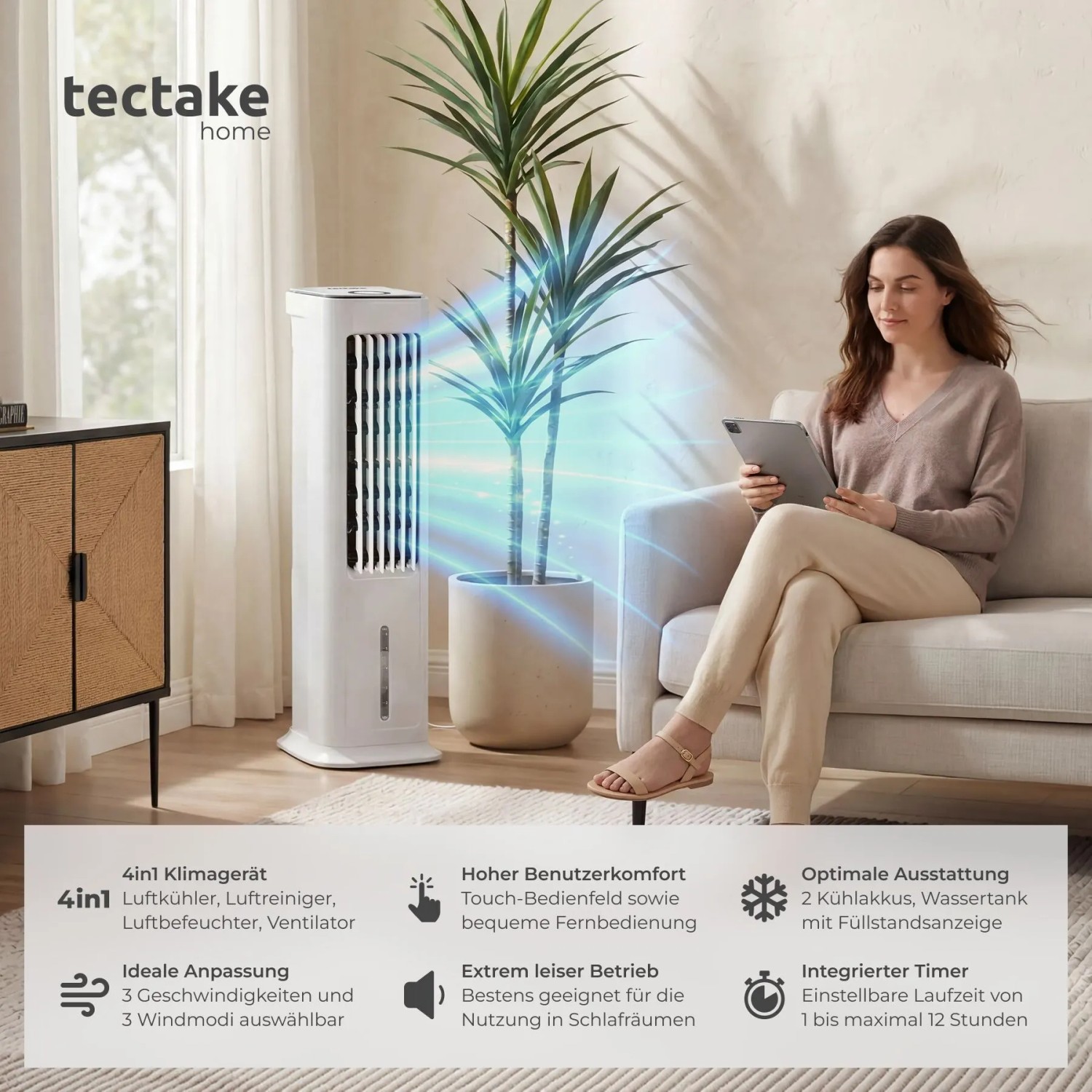 Weißer Tectake Luftkühler Alaska 4in1 mit Wassertank und Frau auf Sofa.