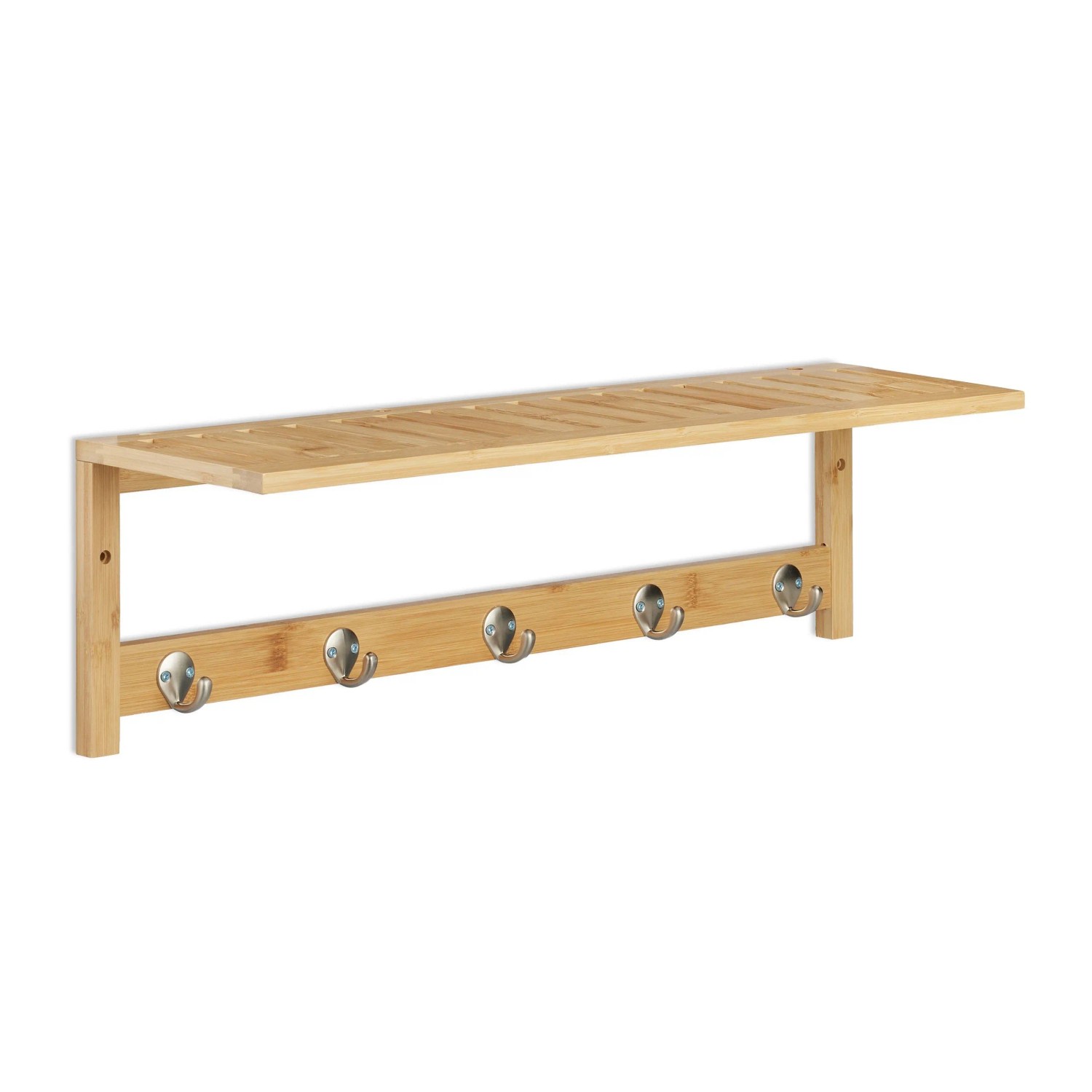 Relaxdays Wandregal mit Hakenleiste Bambus Zink Natur mit 5 Haken 18 cm x 62 cm x 16 cm 0,9 kg