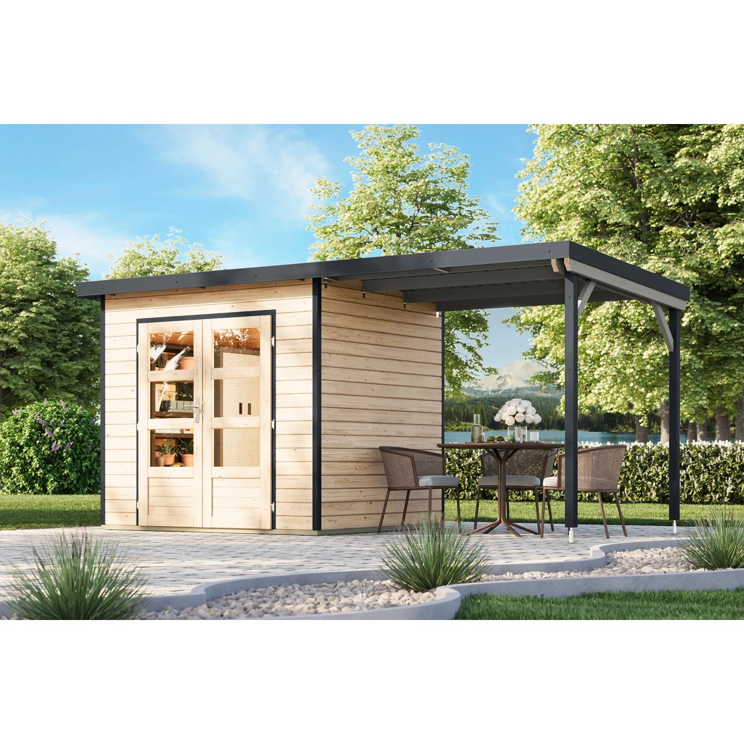 Karibu Gartenhaus Domingo 2 A mit Anbaudach 2,33 m Natur-Anthrazit