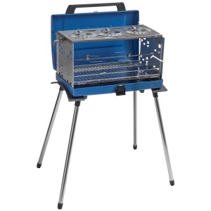 Campingaz Koffergasgrill 200 SGR, blauer Gasgrill mit Grillrost und Drehspieß auf Stativ.