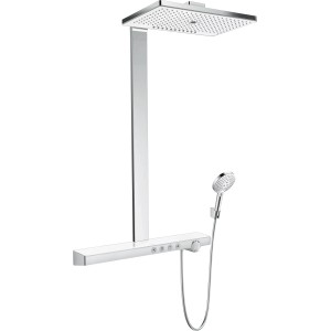 Hansgrohe Rainmaker Select Showerpipe 460, Brauseset in Weiß-Chrom mit Kopf- und Handbrause.