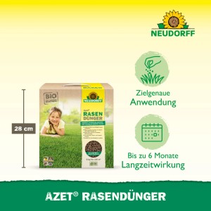 Neudorff Azet Rasen-Dünger 5 kg, organisch, mit Kind auf Rasen. Für dichten Rasen, bis zu 6 Monate Langzeitwirkung.
