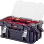 Keter Connect Cantilever Werkzeugkoffer mit transparentem Deckel und Kleinteilefächern.
