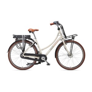 Telefunken City E-Bike 28 Zoll, cremefarben, mit Frontmotor, Gepäckträger vorne und hinten.