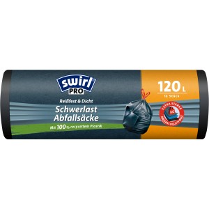 Swirl Profi Schwerlast-Abfallsäcke, 120L, 12 Stück, reißfest und dicht.