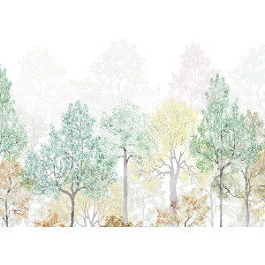 Mehrfarbige Komar Vliestapete Bright Rainbow 350x250cm mit Waldmotiv für Wandgestaltung.