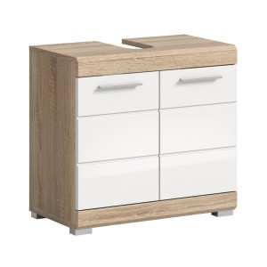 Waschbeckenunterschrank in Sonoma-Weiß, 60x56x34 cm, mit sechs Schubladen und silbernen Griffen.