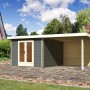 Terragraues Karibu Holz-Gartenhaus Norrköping mit Pultdach und Anbau.