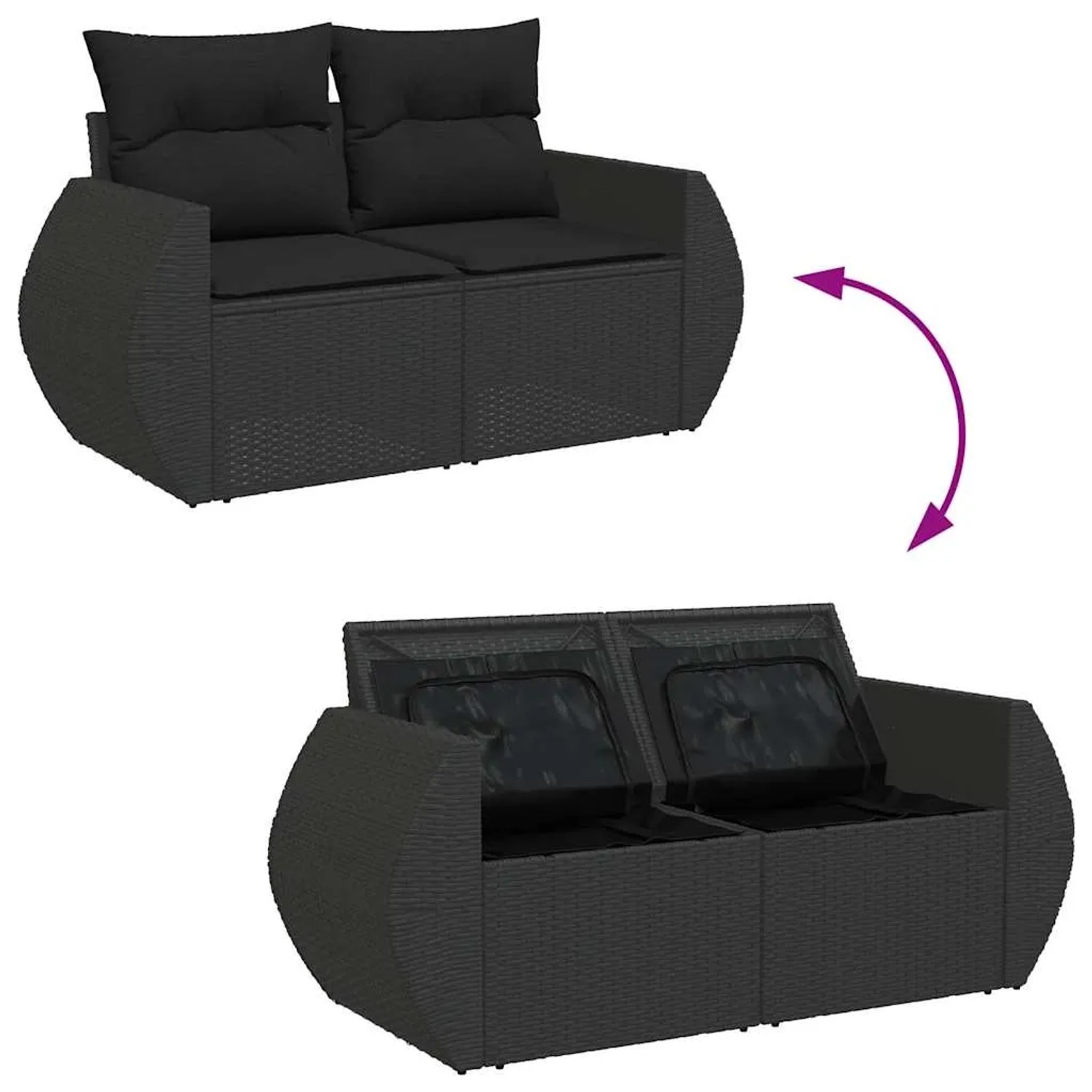 Schwarze 7-tlg. vidaXL Garten-Sofagarnitur aus Poly Rattan mit Kissen und Stauraum.