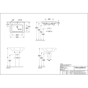 Technische Zeichnung: Villeroy & Boch Subway 2.0 Waschbecken, 65 cm, Alpinweiß, Maße und Details.