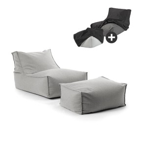 mokebo Outdoor Sitzsack Sundowner mit Hocker und Schutzhülle, hellgrau. Gartenstuhl-Set für Balkon und Terrasse.