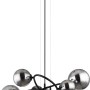 Moderne, 6-flammige LED-Pendelleuchte Riha in Schwarz Matt mit rauchfarbenen Glaskugeln.