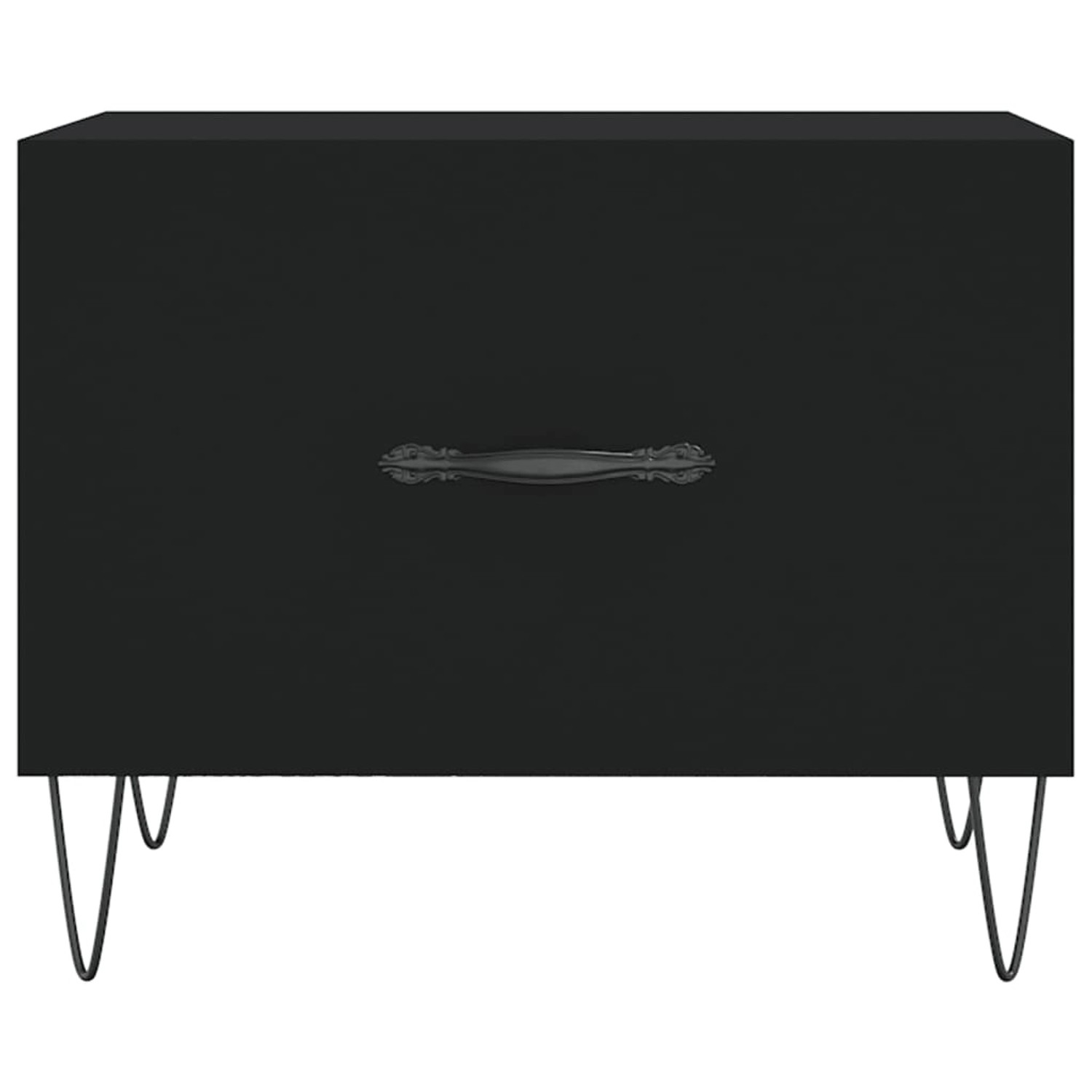 Schwarze vidaXL Couchtische (2 Stk.) aus Holzwerkstoff mit Schublade und Metallbeinen.