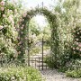 Schwarzer Stahl-Rosenbogen mit zweiflügeliger Tür, Rankhilfe für Rosen und Efeu, filigran verziert im Garten.