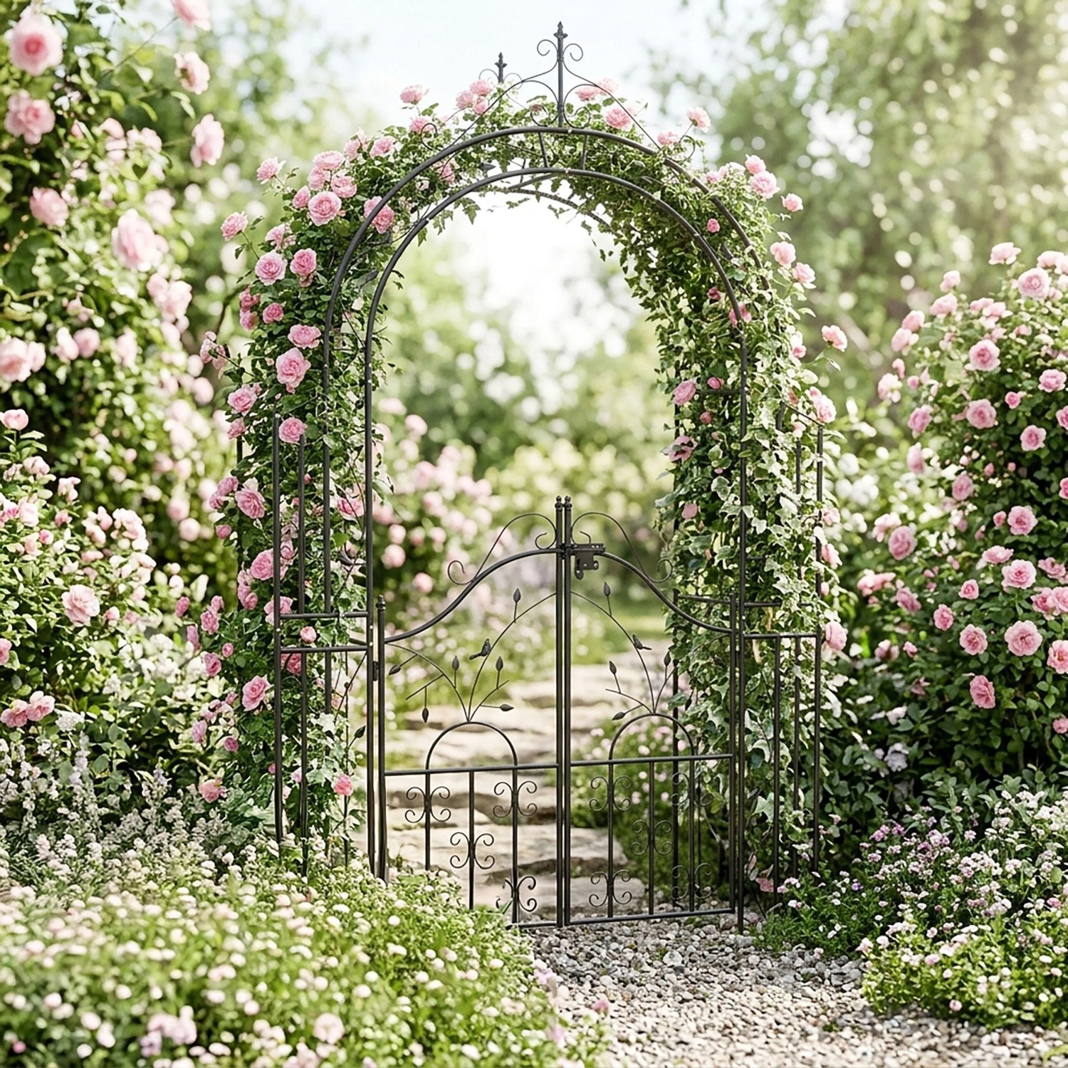 Schwarzer Stahl-Rosenbogen mit zweiflügeliger Tür, Rankhilfe für Rosen und Efeu, filigran verziert im Garten.