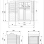 Technische Zeichnung: Timbela Holz-Gartenhaus M386F, 4,5 m², Maße und Ansichten.