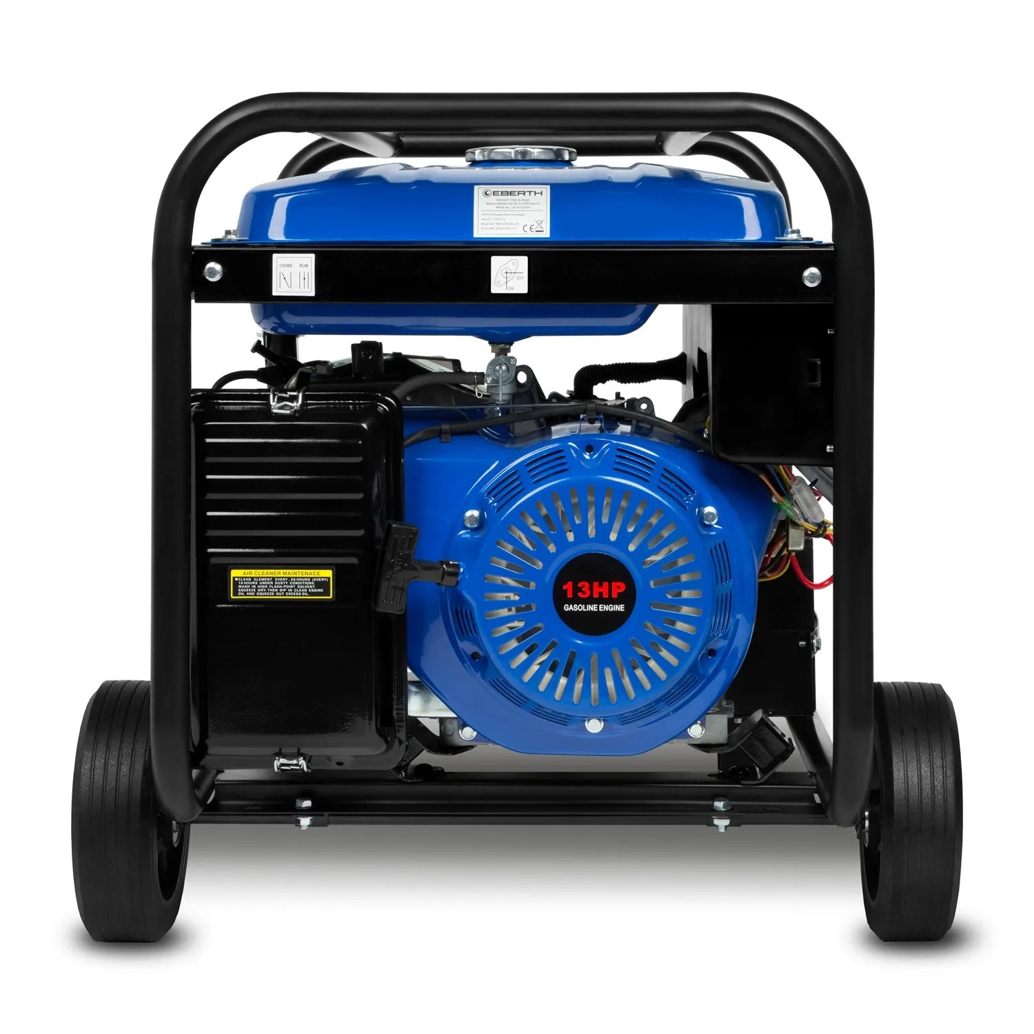 EBERTH Stromerzeuger 5500W mit Fahrwerk, E-Start und blauem 4-Takt Benzinmotor im Metallrahmen.