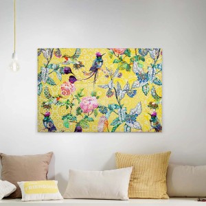 Buntes Leinwandbild mit Paradiesvogel- und Mandala-Motiv als Wanddekoration.