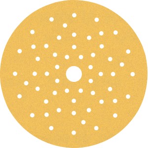 Gelbes Bosch Expert Schleifblatt C470, Ø 150 mm, Körnung K120, mit Multilochung für Exzenterschleifer.