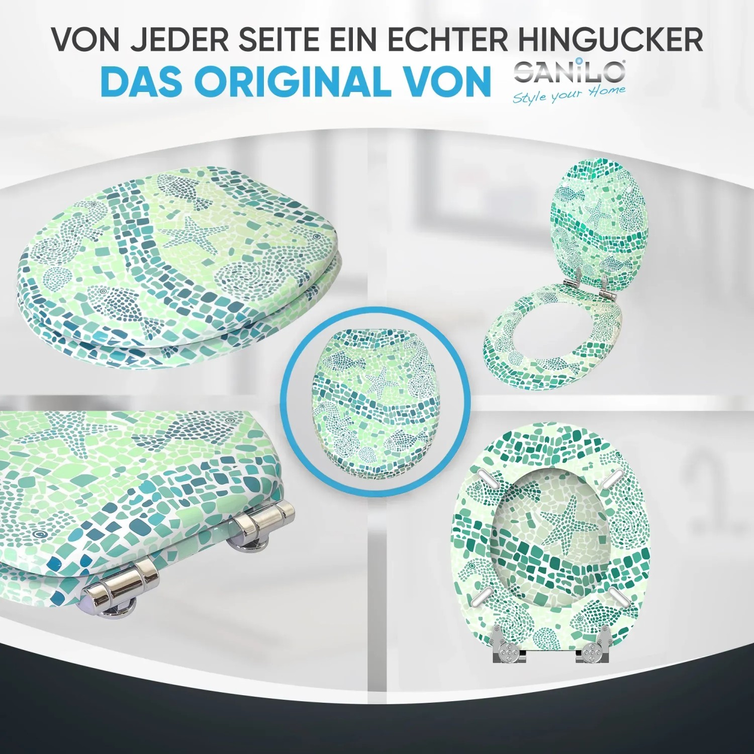 Sanilo WC-Sitz Mosaic World Green mit Absenkautomatik, Dekor mit Mosaikmuster und Meeresmotiven.