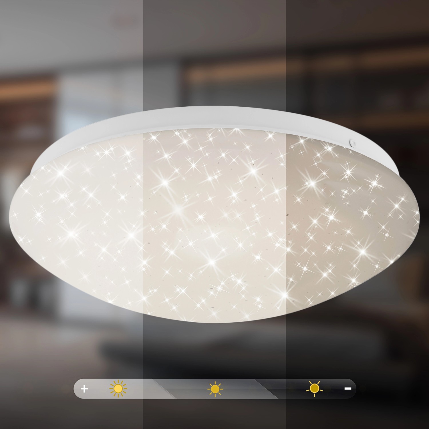 Dimmbare Brilo LED Deckenleuchte Moon, 26 cm, mit Sternendekor und Fernbedienung.