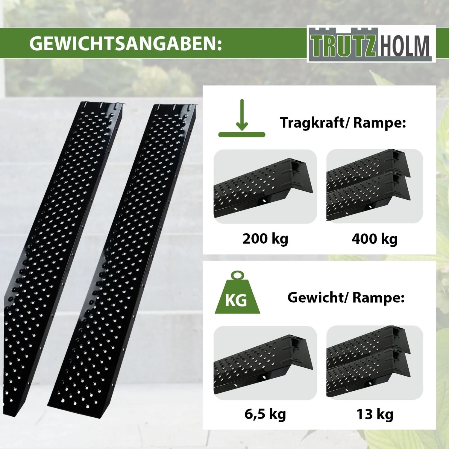 TRUTZHOLM Auffahrrampen aus schwarzem Stahl, 183 cm, mit rutschfester Oberfläche. 400 kg Traglast für Autoanhänger.