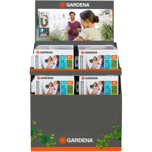 Gardena Spiralschlauch-Set 10m im Verkaufsdisplay. Gartenschlauch mit Brause und Zubehör.