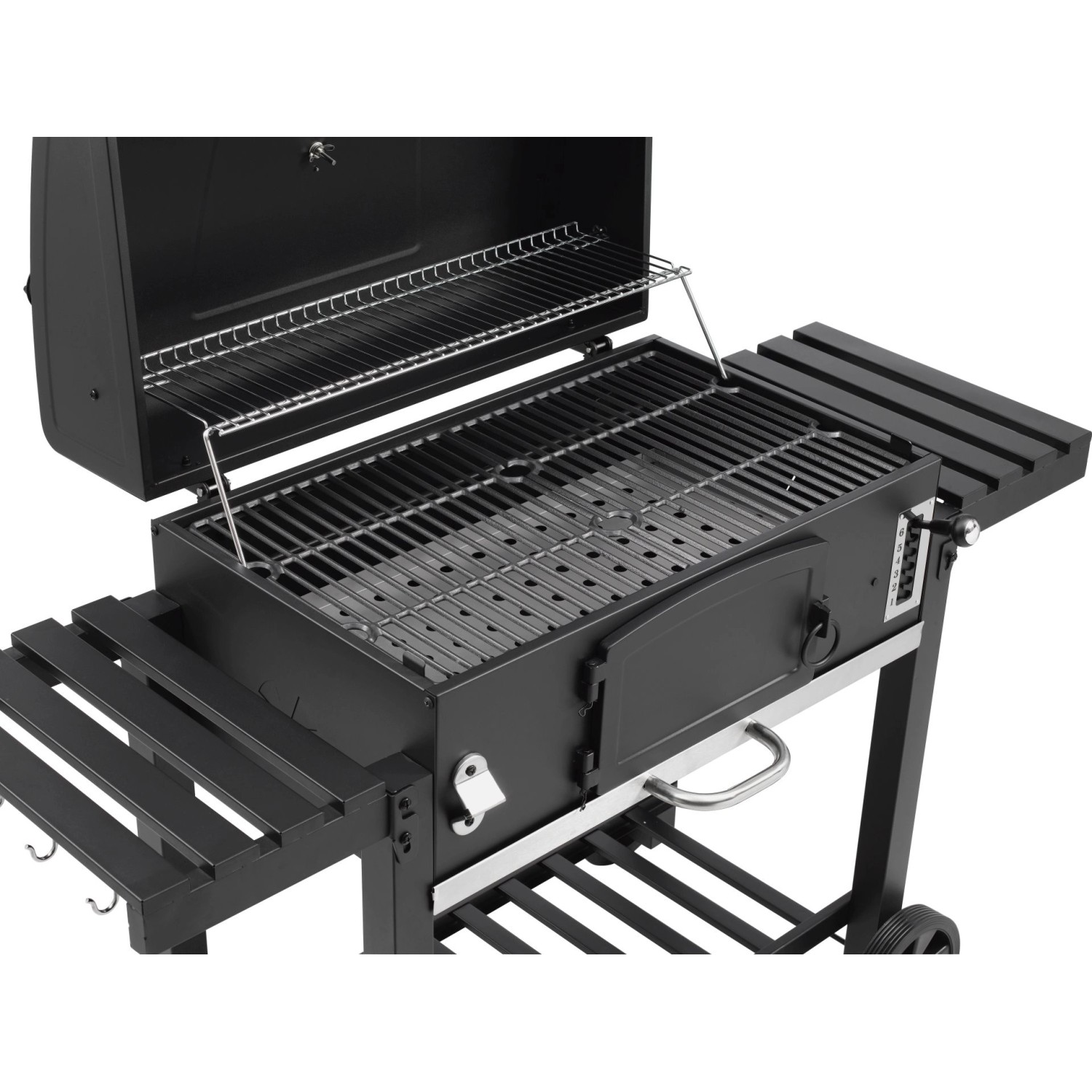 El Fuego Holzkohlegrill Smoker Ontario XXL, schwarz, mit Ablagen und Thermometer.
