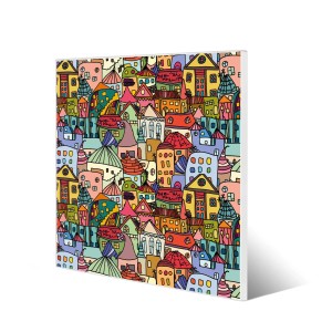 Banjado Magnettafel 50x50 cm mit Funky Town Motiv. Weiße Magnetwand aus Metall inklusive 4 Magnete.